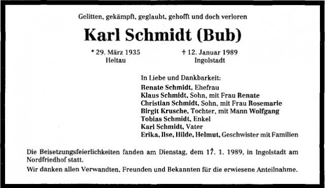 Schmidt Karl 1935-1989 Todesanzeige